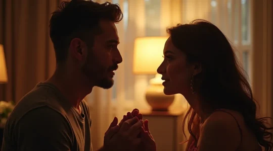 Un couple discutant sincèrement dans un décor doux et chaleureux, symbolisant la vraie compatibilité amoureuse.