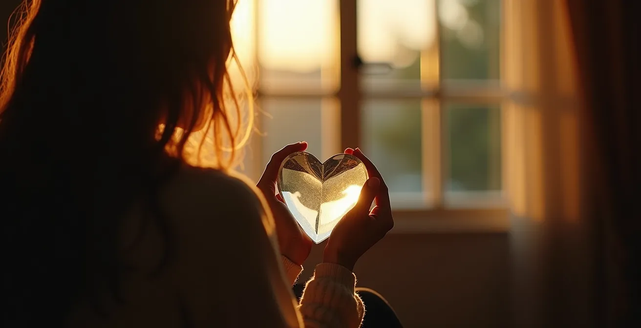 Une personne regardant dans un miroir reflétant deux versions d'elle-même, symbolisant l'introspection émotionnelle et la découverte de sa disponibilité pour l'amour