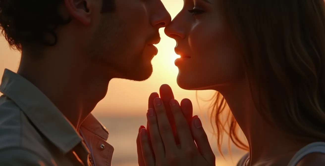 Couple échangeant des regards profonds et gestes spontanés de proximité, illustrant le langage silencieux de l'alchimie