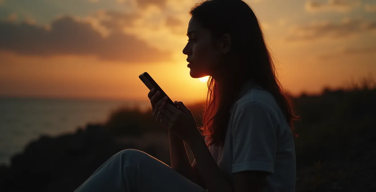 Jeune femme contemplative avec un téléphone éteint, symbolisant la douleur du ghosting et la reprise de confiance