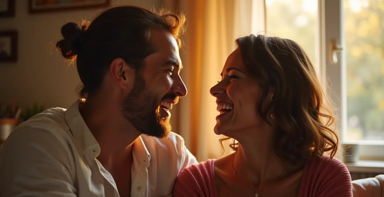 Couple éclatant de rire ensemble, partageant un moment complice et joyeux qui exprime l'humour comme fondement de l'alchimie
