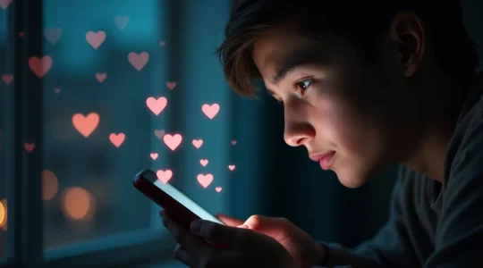 Personne utilisant une application de rencontre sur smartphone avec un fond évoquant des émotions contrastées entre espoir et frustration