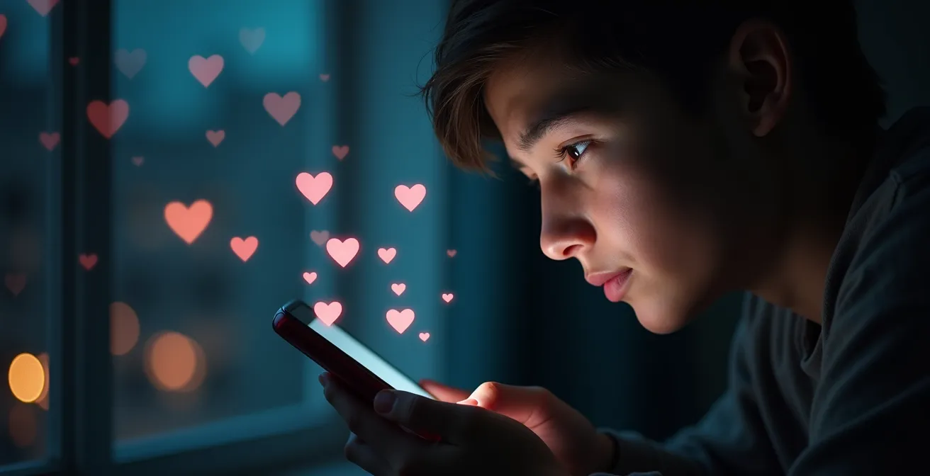 Personne utilisant une application de rencontre sur smartphone avec un fond évoquant des émotions contrastées entre espoir et frustration