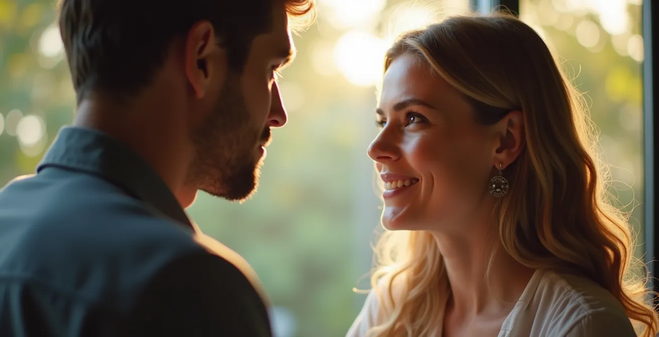 Un homme et une femme prenant soin de leur posture et échangeant un regard expressif au début d'une rencontre de speed-dating.