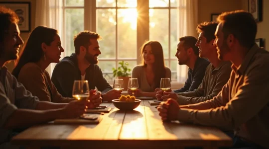 Groupe d'amis discutant autour d'une table, créant des connexions et des rencontres naturelles