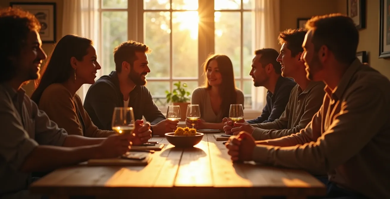 Groupe d'amis discutant autour d'une table, créant des connexions et des rencontres naturelles