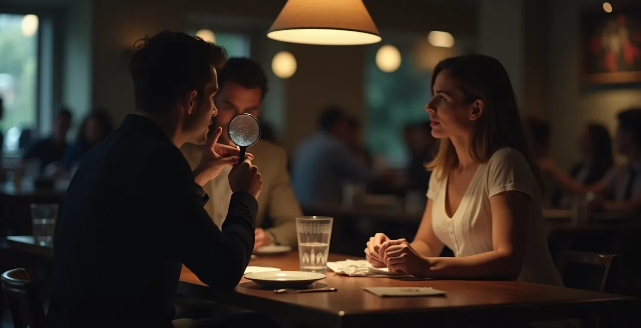 Scène illustrant une personne qui trouve systématiquement des défauts chez des partenaires potentiels, représentée par une loupe grossissant des détails insignifiants