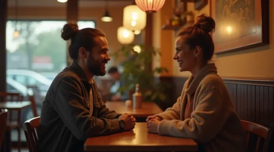 Un couple souriant assis côte à côte dans un café cosy discutant avec complicité, symbolisant le premier rendez-vous réussi après un match.