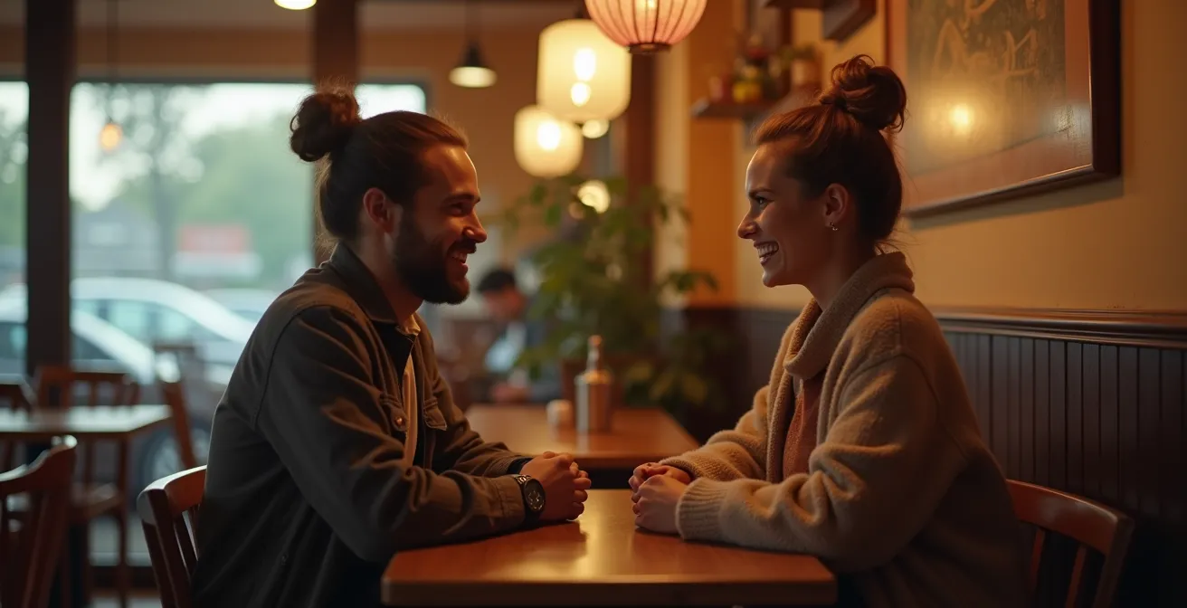 Un couple souriant assis côte à côte dans un café cosy discutant avec complicité, symbolisant le premier rendez-vous réussi après un match.
