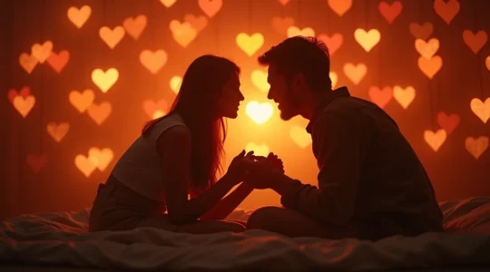 Un couple joyeux partageant une activité passionnante ensemble avec des éléments symboliques d'amour et de connexion autour d'eux