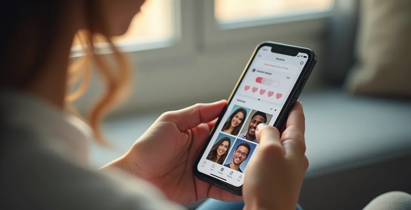 Représentation d'un utilisateur réinitialisant son profil sur une application de rencontre, avec une interface montrant des paramètres qui se réinitialisent et un flux de nouveaux profils apparaissant, symbolisant la rupture avec la bulle algorithmique.
