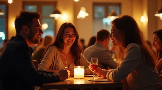 Un groupe de personnes élégantes échangeant des regards et sourires dans un cadre convivial de speed dating