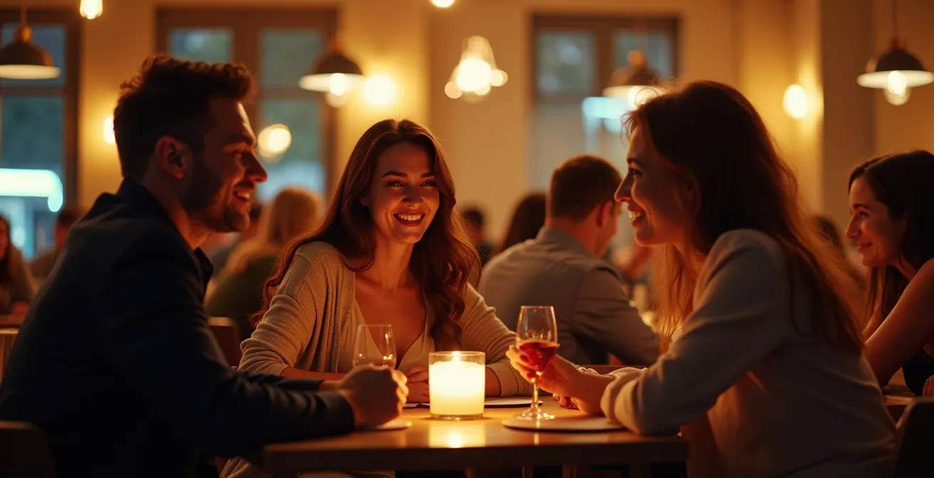 Un groupe de personnes élégantes échangeant des regards et sourires dans un cadre convivial de speed dating
