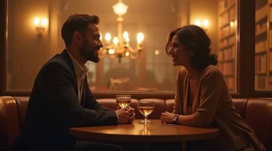 Un homme et une femme assis à une table dans un cadre élégant, échangeant un regard complice et souriant lors d'une séance de speed-dating.
