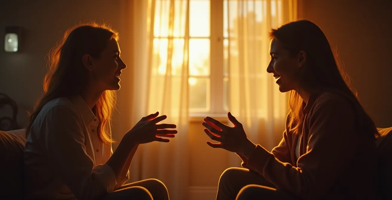 Une personne assise confortablement, parlant avec authenticité et émotion, ses mains expressives accompagnant son récit, dans un cadre intime et chaleureux