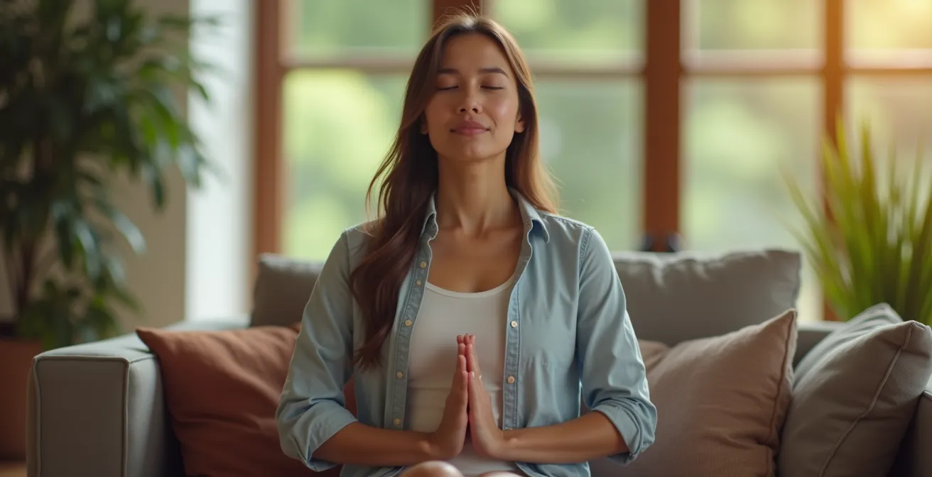 Personne en posture détendue faisant un exercice de respiration pour se ressourcer entre deux rencontres de speed-dating.