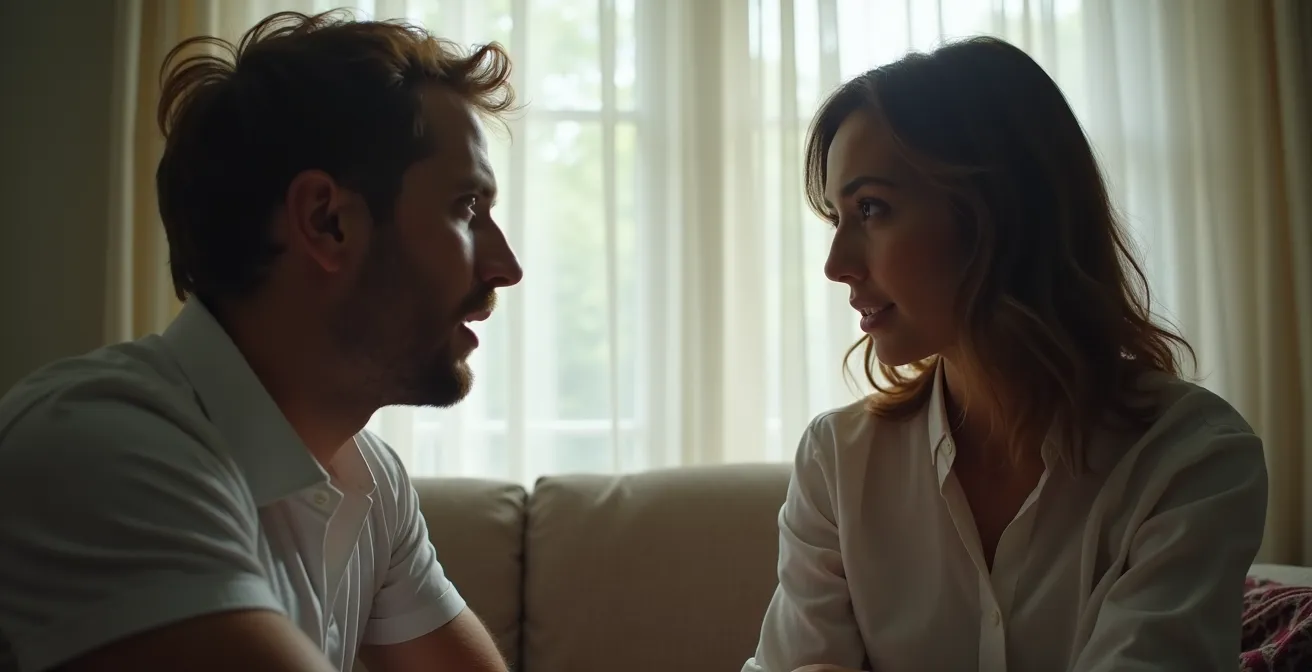 Un couple assis l'un en face de l'autre, l'un parlant avec émotion pendant que l'autre écoute attentivement, avec des éléments visuels suggérant une auto-évaluation de la qualité d'écoute