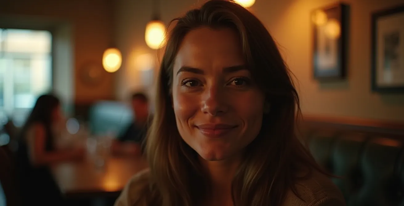 Une personne timide mais confiante, souriant légèrement dans un environnement chaleureux de speed dating
