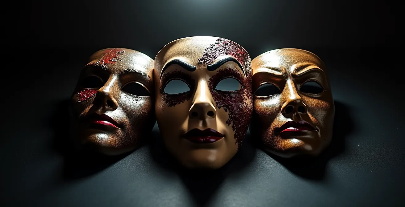 Trois masques de théâtre disposés en triangle, symbolisant les rôles de victime, sauveur et persécuteur dans les relations amoureuses.