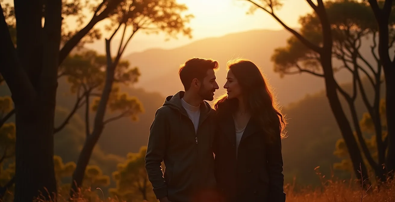 Un couple en voyage organisé créant une bulle d'intimité au sein d'un groupe, partageant un moment complice près d'un paysage naturel