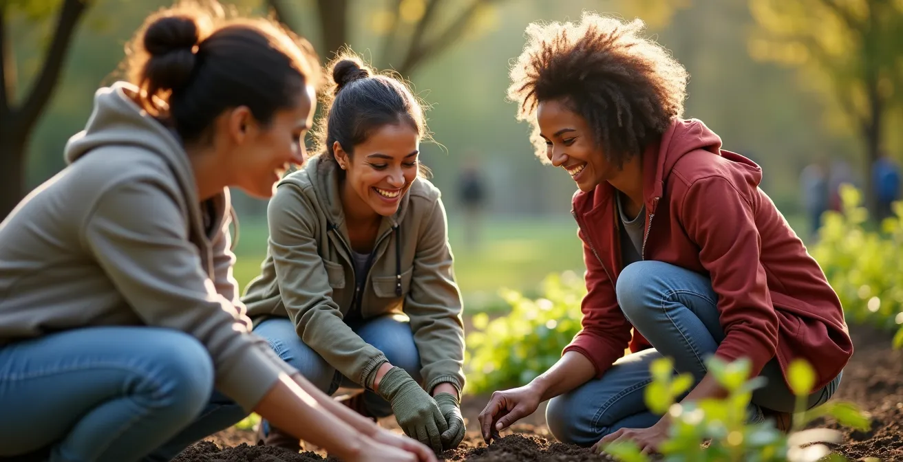 Groupe de bénévoles de différents âges travaillant ensemble sur un projet communautaire