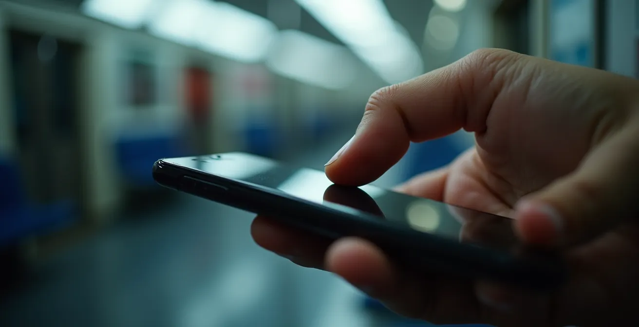 Gros plan macro sur un pouce effectuant un mouvement de swipe répétitif sur un écran noir éteint