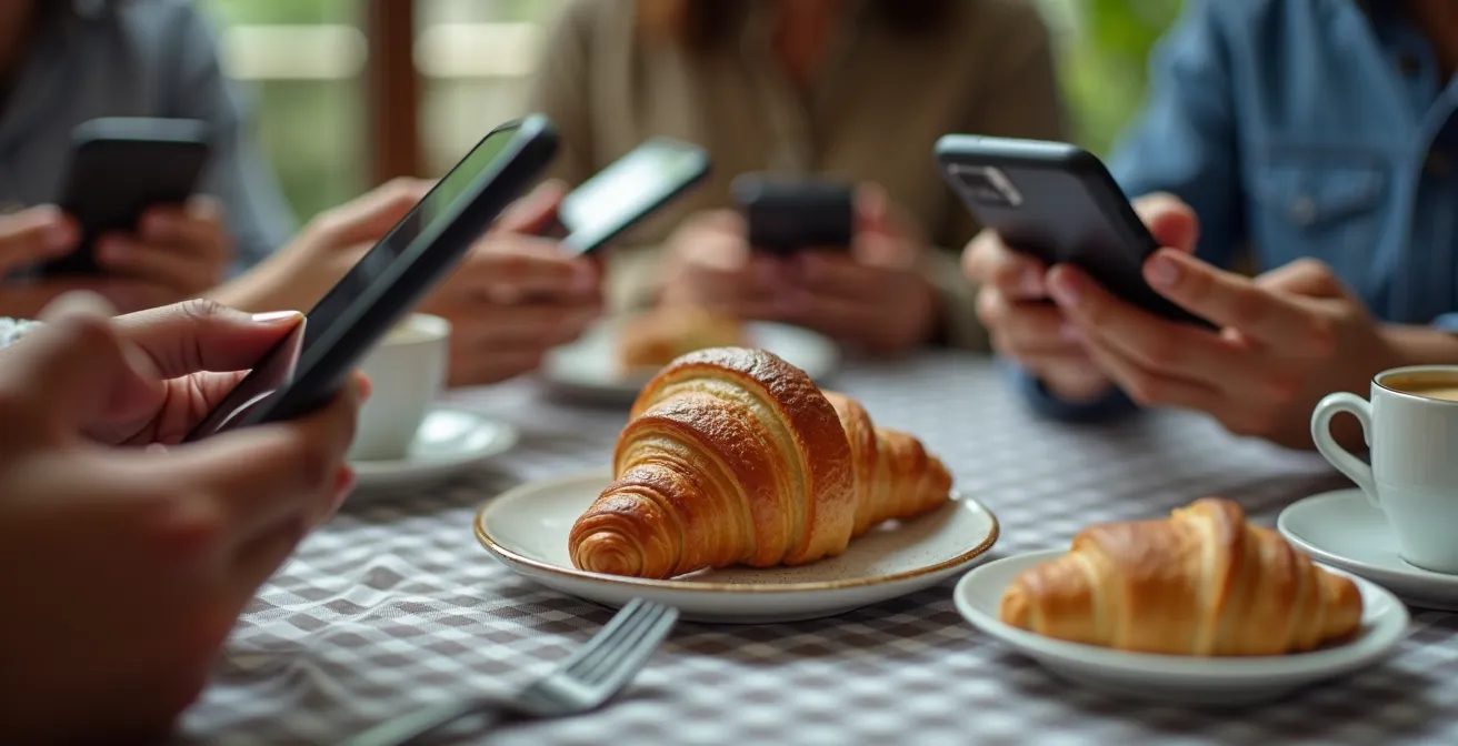 Gros plan sur des mains tenant des téléphones montrant un calendrier partagé lors d'un brunch dominical