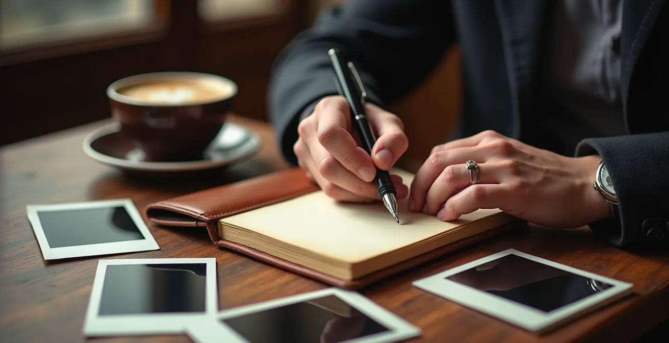 Une personne écrivant dans un journal intime avec des photos anciennes éparpillées sur une table en bois