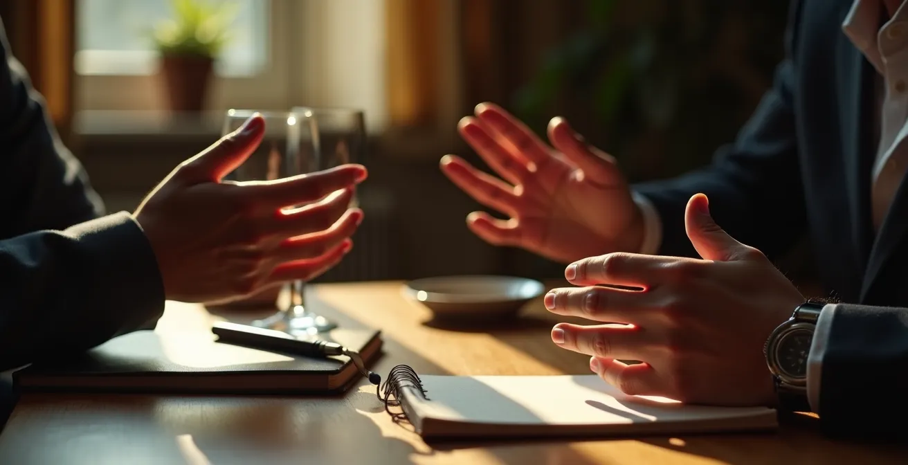 Personne racontant une histoire captivante avec gestes expressifs dans un cadre intime