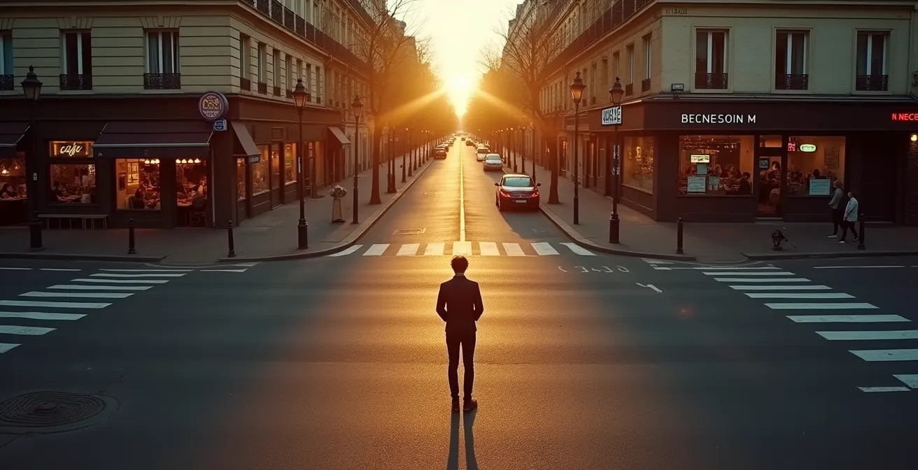Métaphore visuelle d'un carrefour parisien symbolisant le choix après un premier rendez-vous