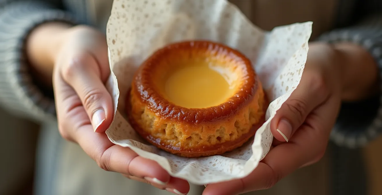 Gros plan sur une main offrant délicatement un cannelé dans une boîte élégante