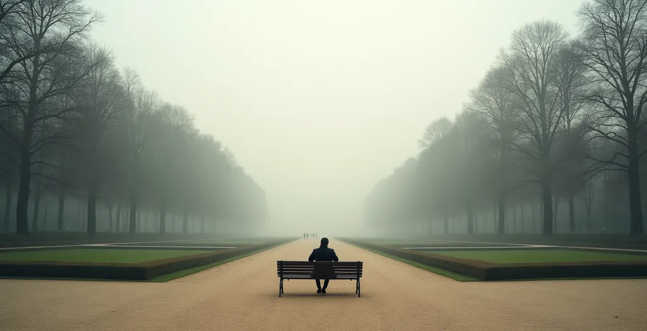 Environnement paisible montrant une personne seule en contemplation dans un parc parisien