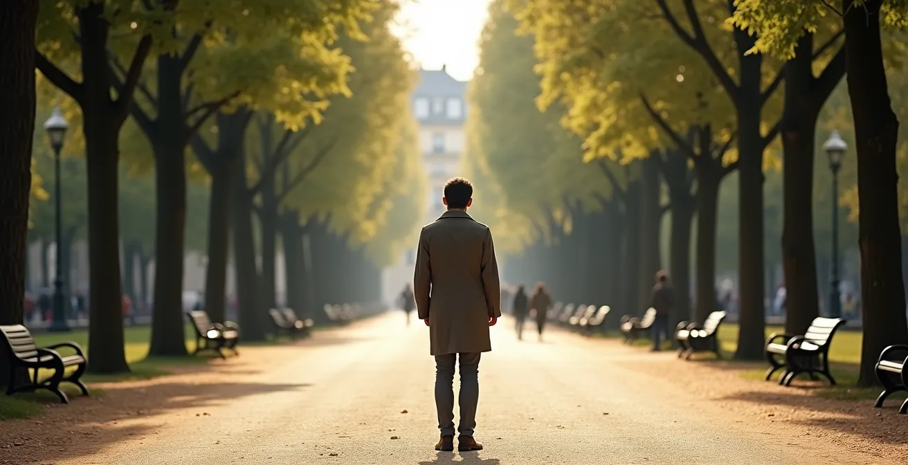 Personne face à deux chemins dans un parc parisien symbolisant les choix relationnels