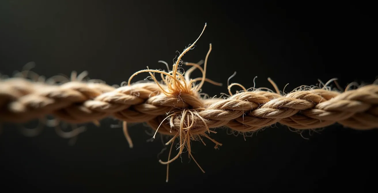 Gros plan macro sur une corde qui s'effiloche sous tension