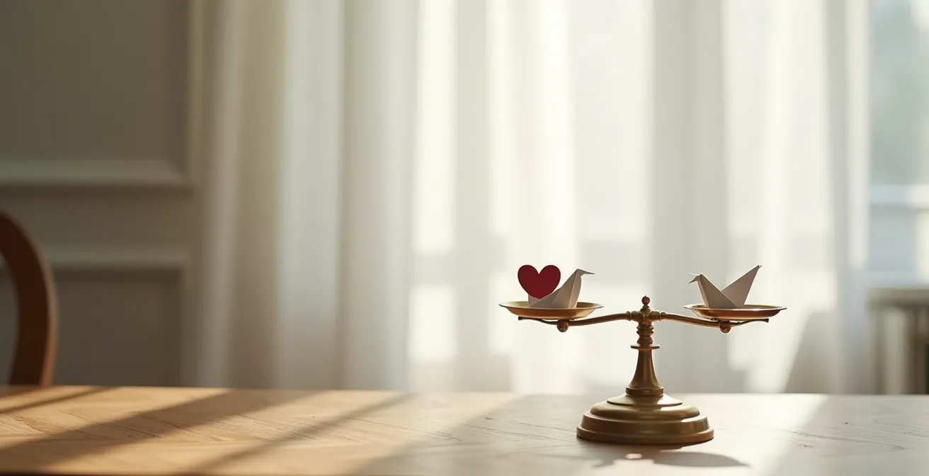 Métaphore visuelle d'une balance représentant l'équilibre émotionnel nécessaire pour les décisions de couple