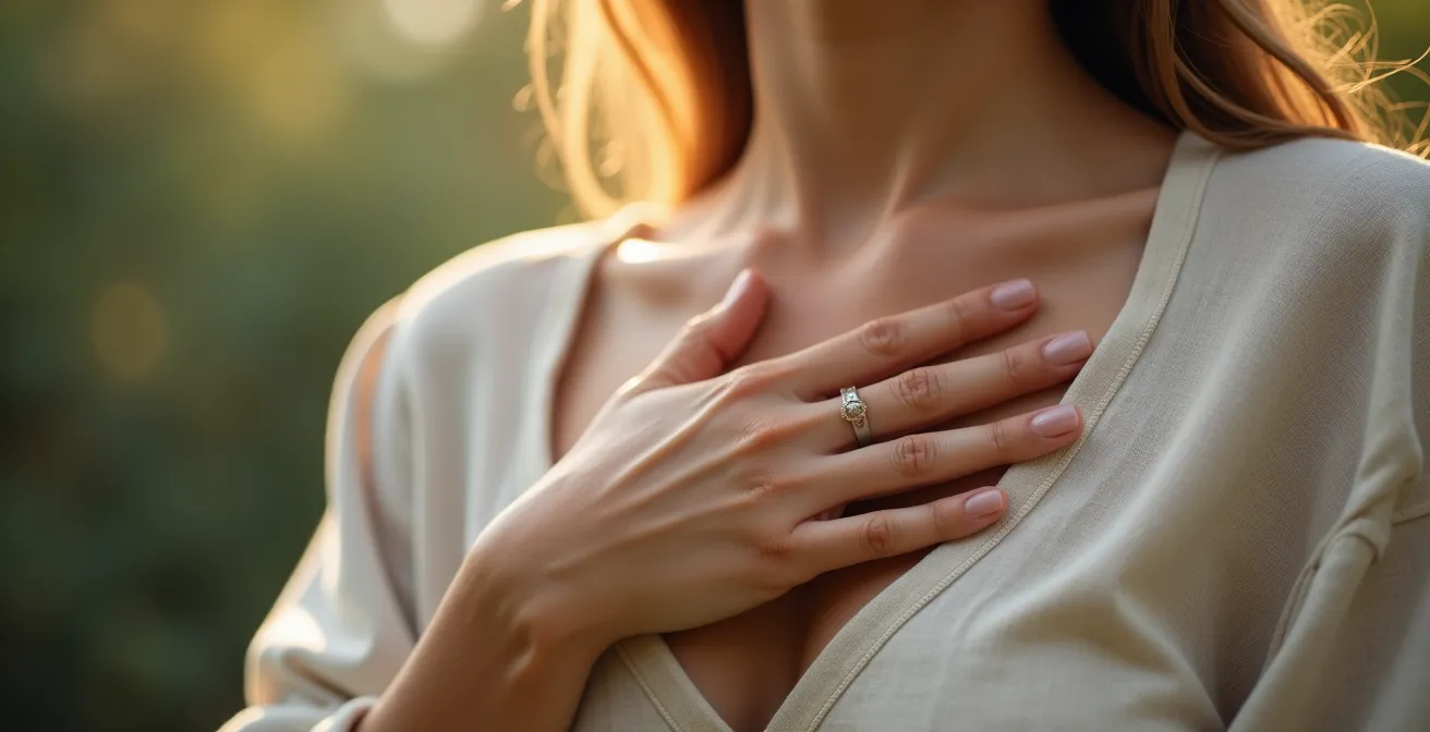 Gros plan sur une main posée sur le cœur, expression de connexion intérieure et d'écoute de ses sensations corporelles