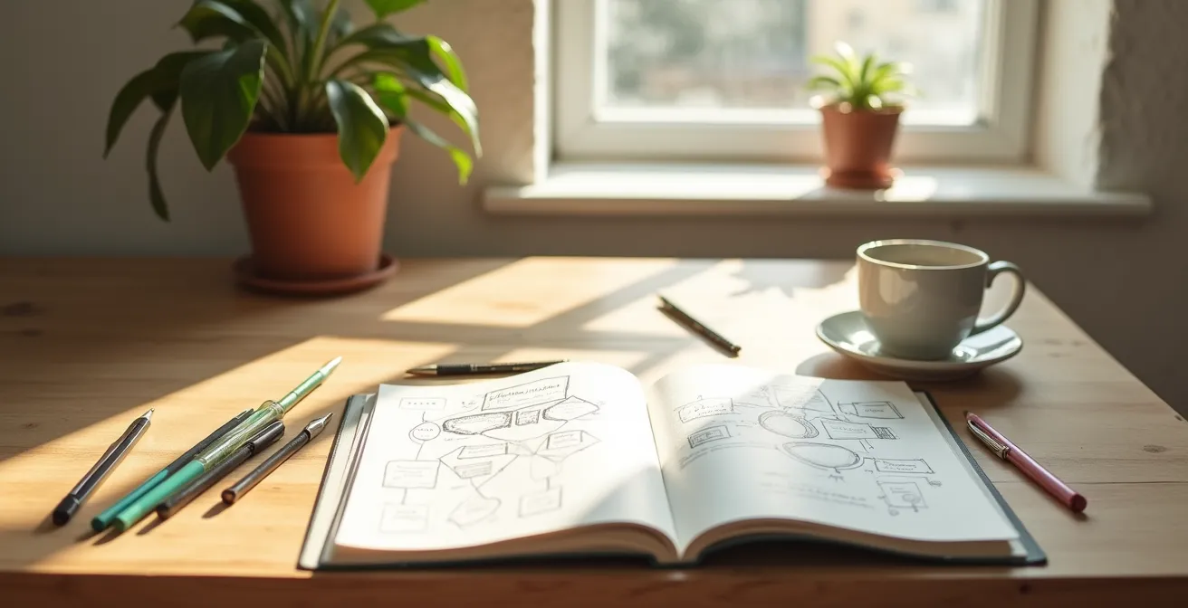 Bureau épuré avec carnet d'introspection et carte mentale des valeurs relationnelles