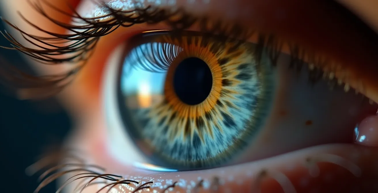 Gros plan sur un œil humain reflétant de la lumière, suggérant un changement de regard sur soi