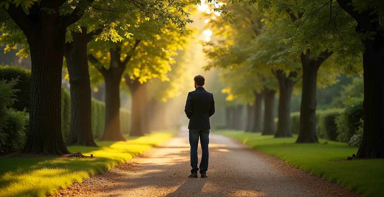 Personne contemplative devant plusieurs chemins dans un parc