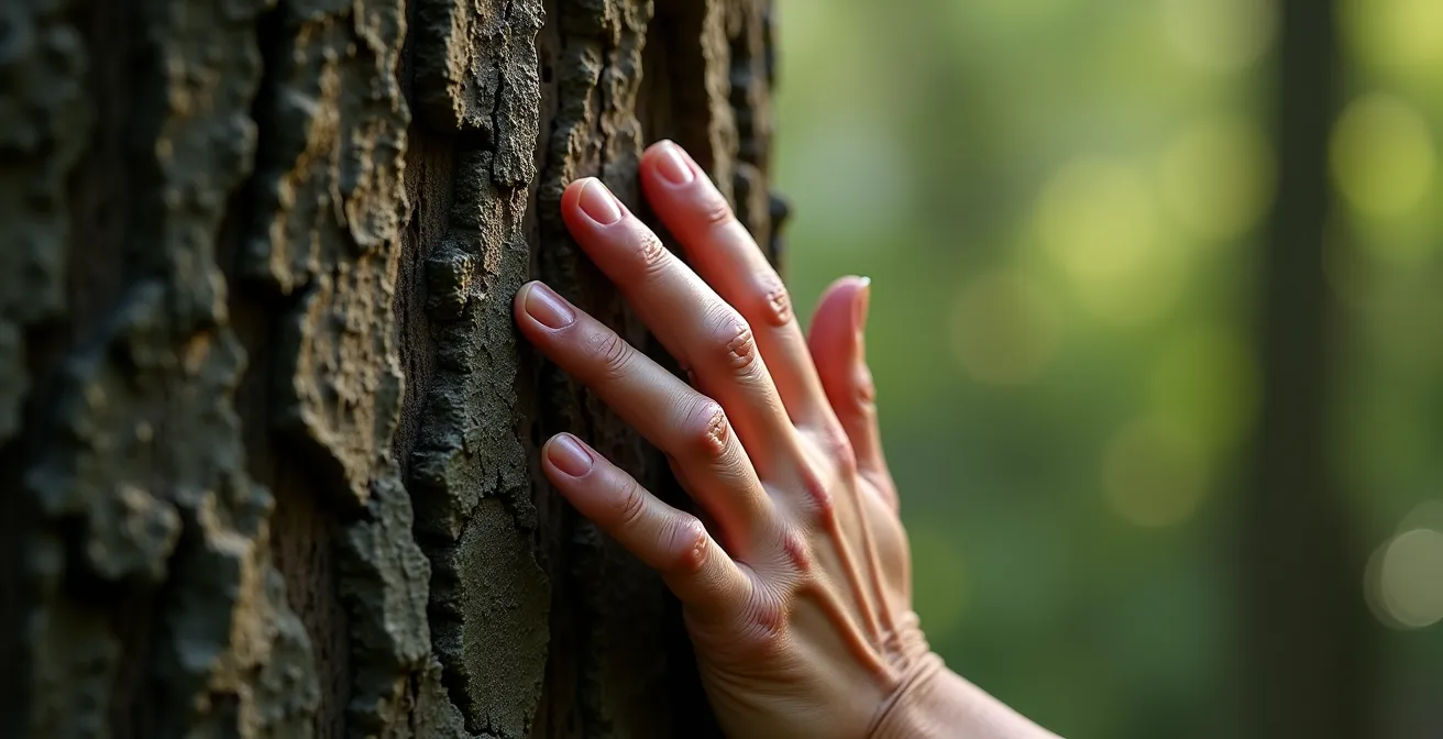 Main touchant délicatement l'écorce d'un arbre ancien avec des cicatrices naturelles