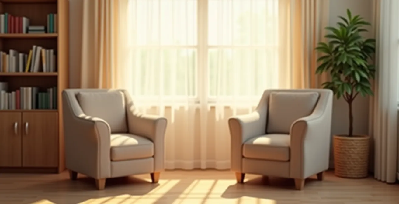 Cabinet de thérapie chaleureux avec deux fauteuils et lumière naturelle