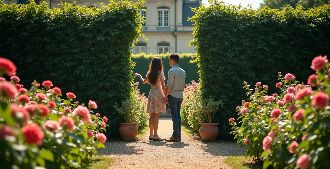 Deux personnes dans un jardin français, l'une montrant des fleurs visibles tandis qu'une partie du jardin reste mystérieusement cachée derrière une haie