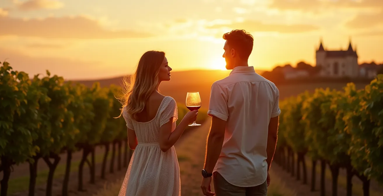 Couple dégustant du vin dans les vignobles du Bordelais au coucher du soleil