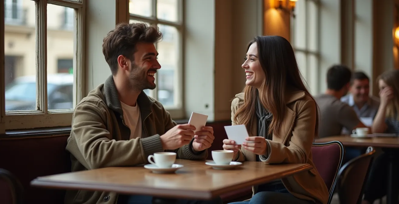 Un couple souriant dans un café parisien, échangeant de manière décontractée autour d'un jeu de cartes de questions