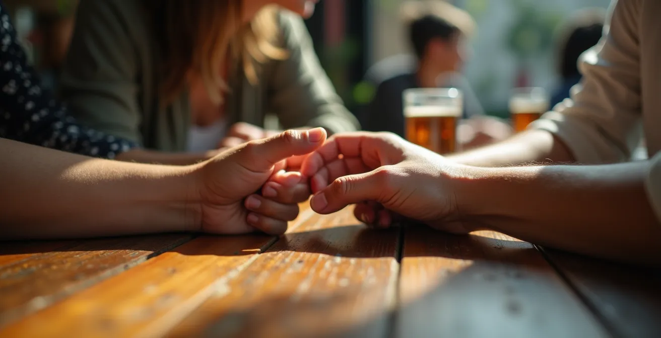 Gros plan sur des mains qui se touchent délicatement sur une table de bistrot, symbolisant la sécurité émotionnelle.