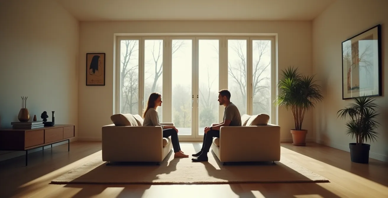 Couple en conversation intime sur un canapé, partageant un moment de connexion émotionnelle