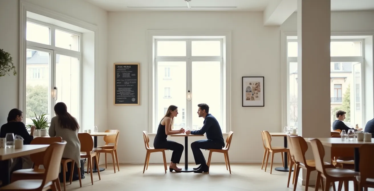 Deux personnes engagées dans une conversation authentique dans un café parisien épuré