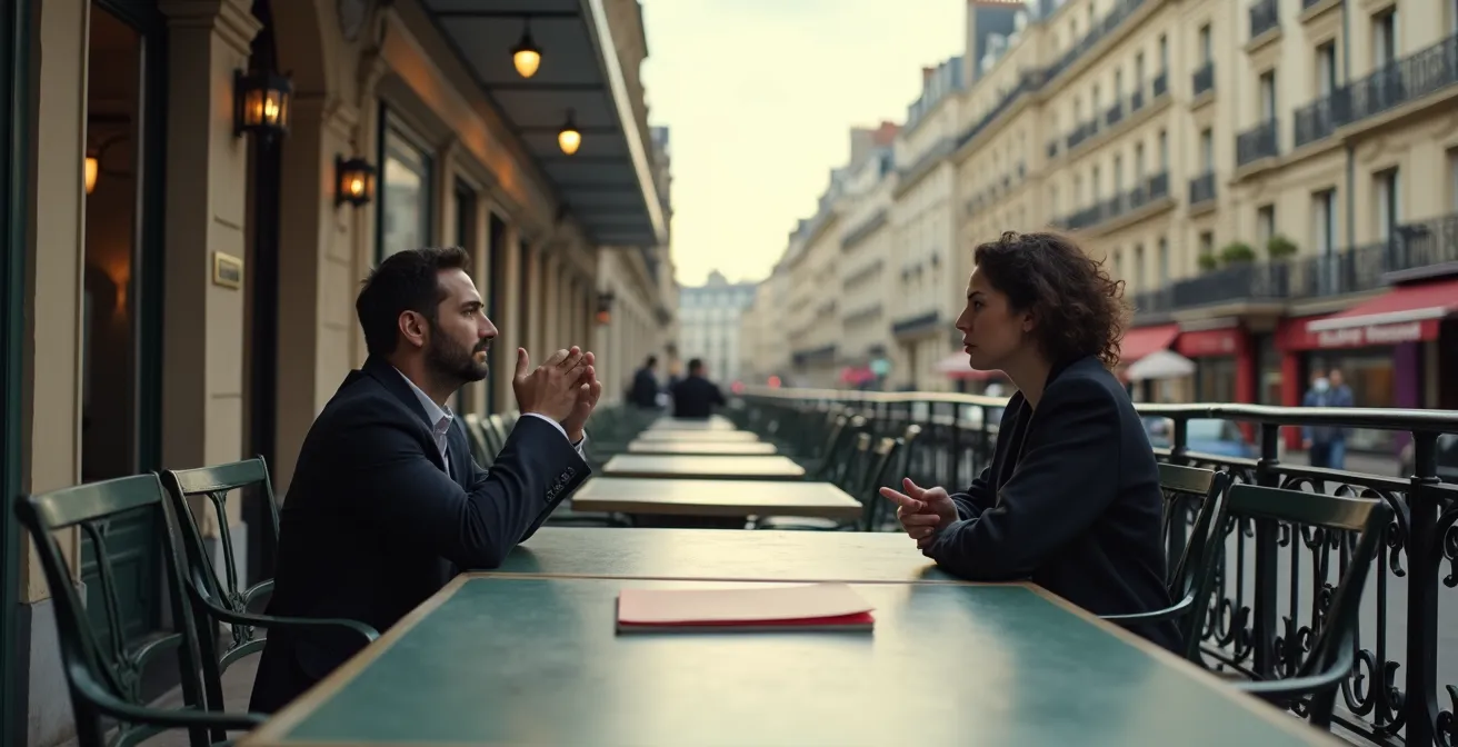 Scène montrant la déconnexion émotionnelle lors d'un débat intellectuel trop intense sur une terrasse parisienne