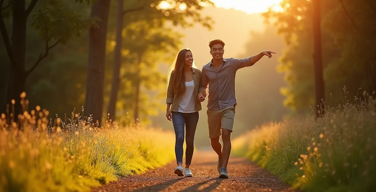 Couple marchant ensemble sur un sentier naturel avec espace et mouvement