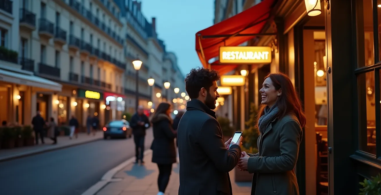 Couple gérant avec humour un imprévu dans une rue parisienne